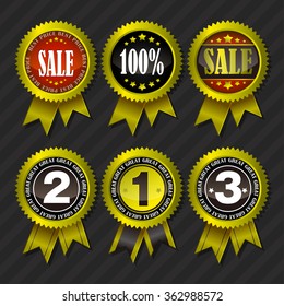 Vector set of round golden badge labels with ribbons and