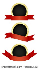vector set of round golden emblem with red ribbons of different types