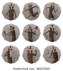 Vector set of round gray frames with cartoon images of a spies in black coats, hats and sunglasses performing different actions with different attributes in the hands on a white background. Espionage.