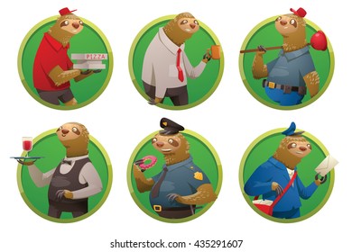 Vector set of round green frames with cartoon images of cute sloths in different occupations: a pizza deliveryman, office worker, plumber, waiter, policeman and postman on a white background. Parody. 