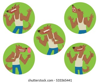 Vector set of round green frames with cartoon images of funny brown werewolves in blue pants and a white tank top, with different actions and emotions on a white background. Halloween. 