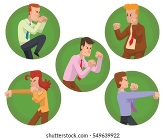 Vector set of round green frames with cartoon images of different businessmen and business woman in different clothes, fighting on white background. Business fight. Office warrior. Vector illustration