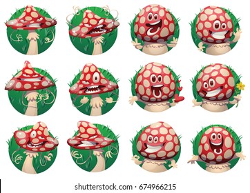 Vector set of round green grassy frames with cartoon images of funny evil and little happy amanita-mushrooms with red-white hats, white stipes, with different actions and emotions on white background.