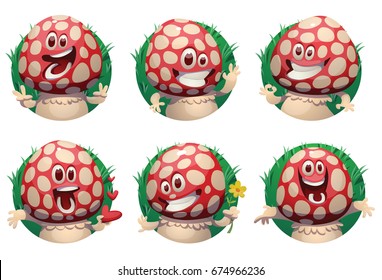 Vector set of round green grassy frames with cartoon images of funny little happy amanita-mushrooms with red-white hats and white stipes with different actions and emotions on white background. Forest