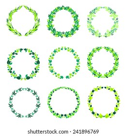 Vector set of round green vintage frames with leafs
