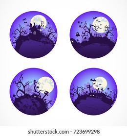 Vector set of round Halloween illustrations. Round icons. Colored.