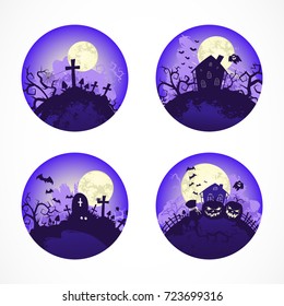 Vector set of round Halloween illustrations. Round icons.  Colored.