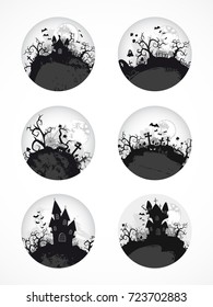 Vector set of round Halloween illustrations. Round icons. Monochrome.