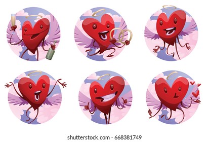 Vector set of round heavenly frames with cartoon images of funny red hearts with lilac wings and golden halos, with different actions and emotions on a white background. St. Valentine's Day, love. 