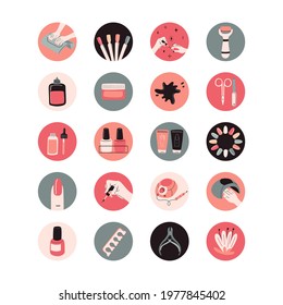 Vector set of round highlights covers, posts and stories for social media. Manicure tools kit: polish, scissors, hand cream, electric drill, UV lamp, Cuticle nipper, etc.  Professional studio, beauty