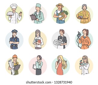 Vector Set Round Icon Women Different Professions. Labor Day People Illustration In Line Art Style In Professional Uniform.