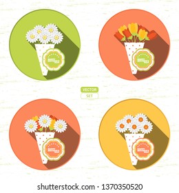 Vector set of round icons with bouquet of different flowers and label for Happy Mother's Day on the red background with shadow.