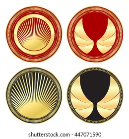 Vector set of round icons of gold with the rising sun and rays black and red accents