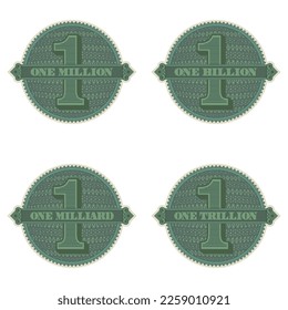 Conjunto vectorial de iconos redondos con cinta de opciones. Pegatinas o insignias. Sellos financieros con denominaciones de un millón, mil millones y un billón. Patatas fritas verdes o fichas sobre un fondo blanco aislado.