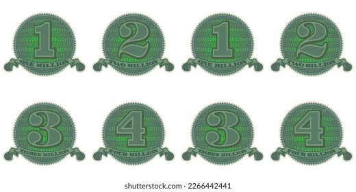 Vector set of round icons with ribbon. Stickers or badges. Financial seals in denominations from 1 to 4 million and a billion. Green chips or tokens on a white isolated background.