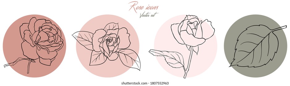 Vektorset mit runden Symbolen mit Rosen. Farbige Symbole für die Gestaltung von Websites, Anwendungen, Bannern, Widgets, Dekor usw. Vektorgrafik
