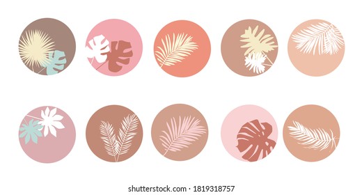 Vector set of round icons for stories in social networks. Hand-drawn templates with tropical leaves for modern bloggers.