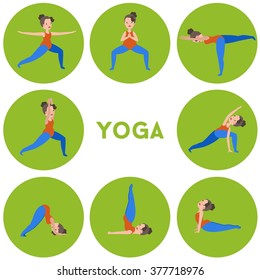 Vector set of round  icons yoga poses on white background with cute girl