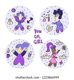 Vector set of round illustrations of girl power. Circle compositions in doodle style with different female characters. 