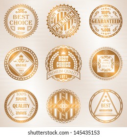 Vector set of round labels in gold. Original design. Retro style. Vintage labels