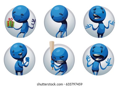 Vector set of round light gray frames with cartoon images of funny little blue men with different actions and emotions on a white background. Positive character, creature. Vector illustration.