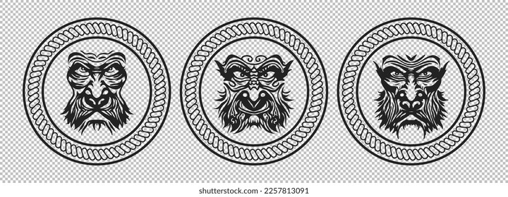 Conjunto vectorial de logos o íconos redondos con espeluznantes muzzles de hombres lobo. Sellos, pegatinas o insignias.