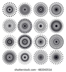 Vector set of round mandala patterns. Geometric elements for creating festive invitations, holiday plates, Indian and Arabic design, kaleidoscope.