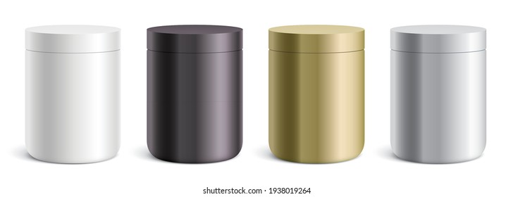 Vector set of round metallic containers. White, black, golden, and silver canisters standing isolated on a white background.