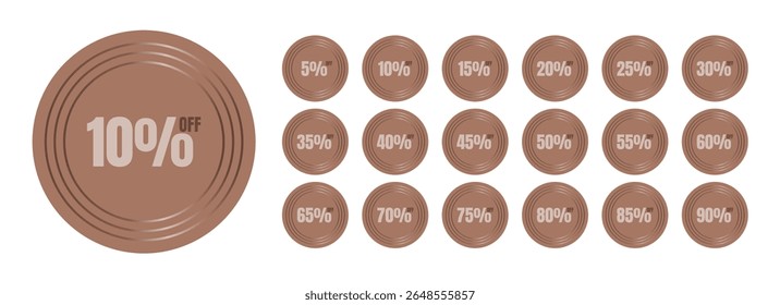 Conjunto vetorial de mousse redonda mocha emblemas de desconto com vários valores percentuais de 5% a 90% de desconto, dispostos em uma grade com linhas circulares decorativas.