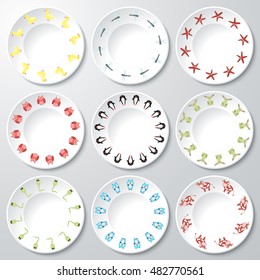 Vector set of round multicolored baby icons. Collection of isolated round plates with cartoon animals. Vector icons of fun colorful childish plates.
