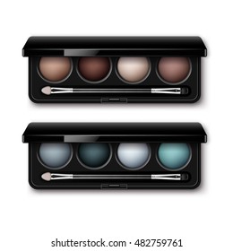 Vector Set of Round MultiColored Pastel Light Brown Cream Ocher Dark Blue Azure Gray Eye Shadows in Black Rectangular Plastic Case with Makeup Brush Applicator Top View Isolated on White Background