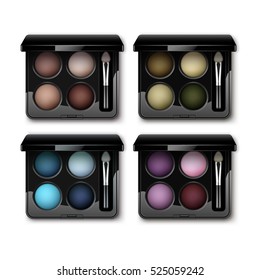 Vektor-Set von rundem, mehrfarbigem, hellbraunem Cremes Olive Yellow Green Bright Blue Turquoise Pink Violet Vinous Eye Shadows in schwarz-rechteckigem Kunststoffgehäuse mit Make-up Brush Application