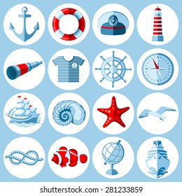 Vector set of round Nautical and marine icons in flat style. 