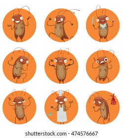 Vector set of round orange frames with cartoon images of funny brown cockroaches with antennas and six legs, with various emotions and actions on a white background. Vector illustration of cockroach.