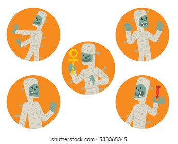 Vector set of round orange frames with cartoon images of funny mummies in white bandages, with different actions and emotions on a white background. Halloween. Vector illustration.