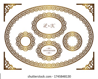 Vector set of round and oval golden frames with lace border. Vintage gold labels and corners. Premium collection of circular patterns. Ornate elements for wedding invitation or place card design. 