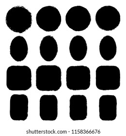 Vector set of round, oval, square, rectangular stickers, labels painted with an ink brush. Black grunge frame with rough edges isolated on white background.A collection of uneven dirty silhouettes