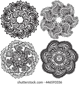 Vector set of round patterns, mandalas. Yoga logos geometric circle element. Decorative floral ornaments. Oriental flourish design
