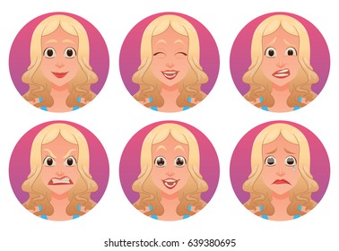 Vector set of round pink frames with cartoon images of young women with blond hair expressing various facial emotions: joy, happiness, bewilderment, anger, delight and sadness on a white background. 