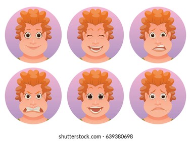 Vector set of round pink frames with cartoon images of women with curly ginger hair expressing various facial emotions: joy, happiness, bewilderment, anger, delight and sadness on a white background. 