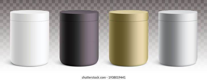 Vector set of round plastic containers with a matte finish. White, black, golden, and silver jars standing isolated on a transparent background.