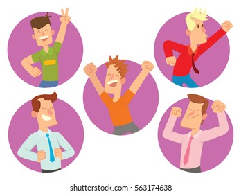 Vector set of round purple frames with cartoon images of happy young men in different clothes smiling in the center on a white background. Happy people. Vector illustration.