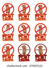 Vector set of round red and black crossed-out signs with cartoon images of funny brown cockroaches with antennas, with various emotions and actions on a white background. Inscription "Pest control".