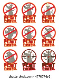 Vector set of round red and black crossed-out signs with cartoon images of funny gray rats with long pink tails, with various emotions and actions on a white background. Inscription "Pest control".