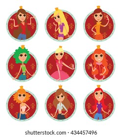 Vector set of round red-blue frames with patterns and with cartoon images of modern princesses with big eyes, with a different hair color and in different clothes in the center on a white background. 