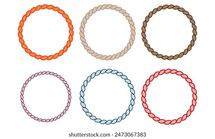 Vector set of round rope frame. Collection of thick and thin circles isolated on the white background consisting of braided cord and string. For decoration and design in nautical style.