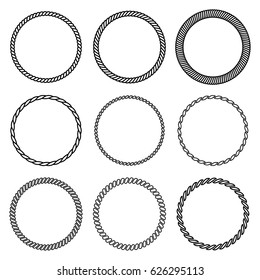 Vector set of round rope frame. Collection of thick and thin circles isolated on the white background consisting of braided cord and string. For decoration and design in nautical style.