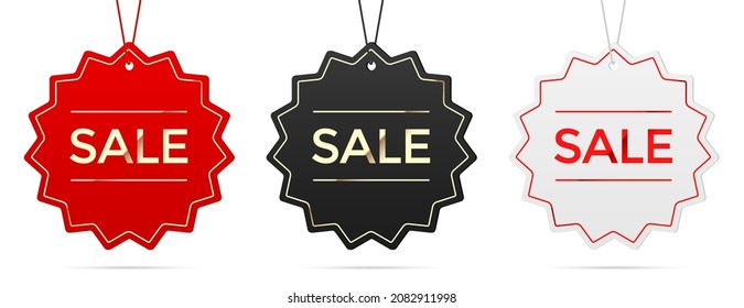 Vector set of round sale tags with golden details, isolated on white background