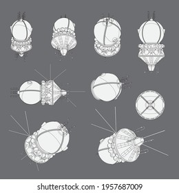 Vector set with round spaceship satellite. Collection with 3d views old spaceship. Coloring page with 3d models. Isolated