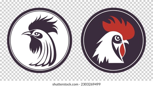 Vector set of round stickers, icons or emblems. A simple graphic head of a rooster with a crest.